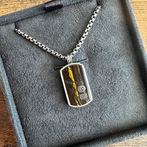 David Yurman Tiger Iron Dog Tag & DY Small Box Chain Necklace - 24" - Picture 1 of 15